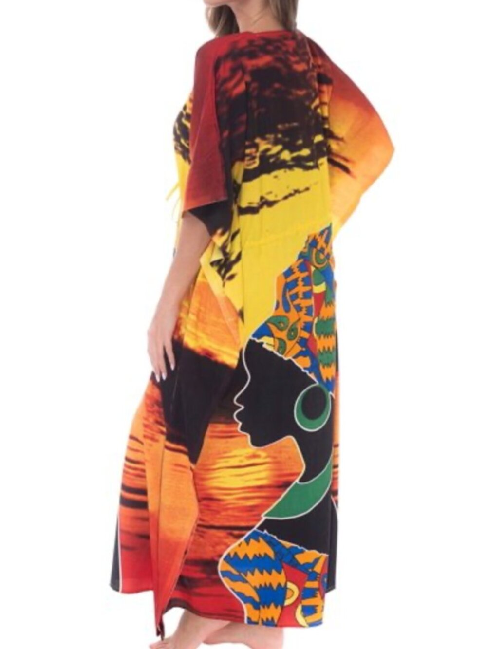 Riviera Sun African Gele Goddess Sunset Graphic Long Maxi Cover Up Kaftan SZ XL - Picture 3 of 8